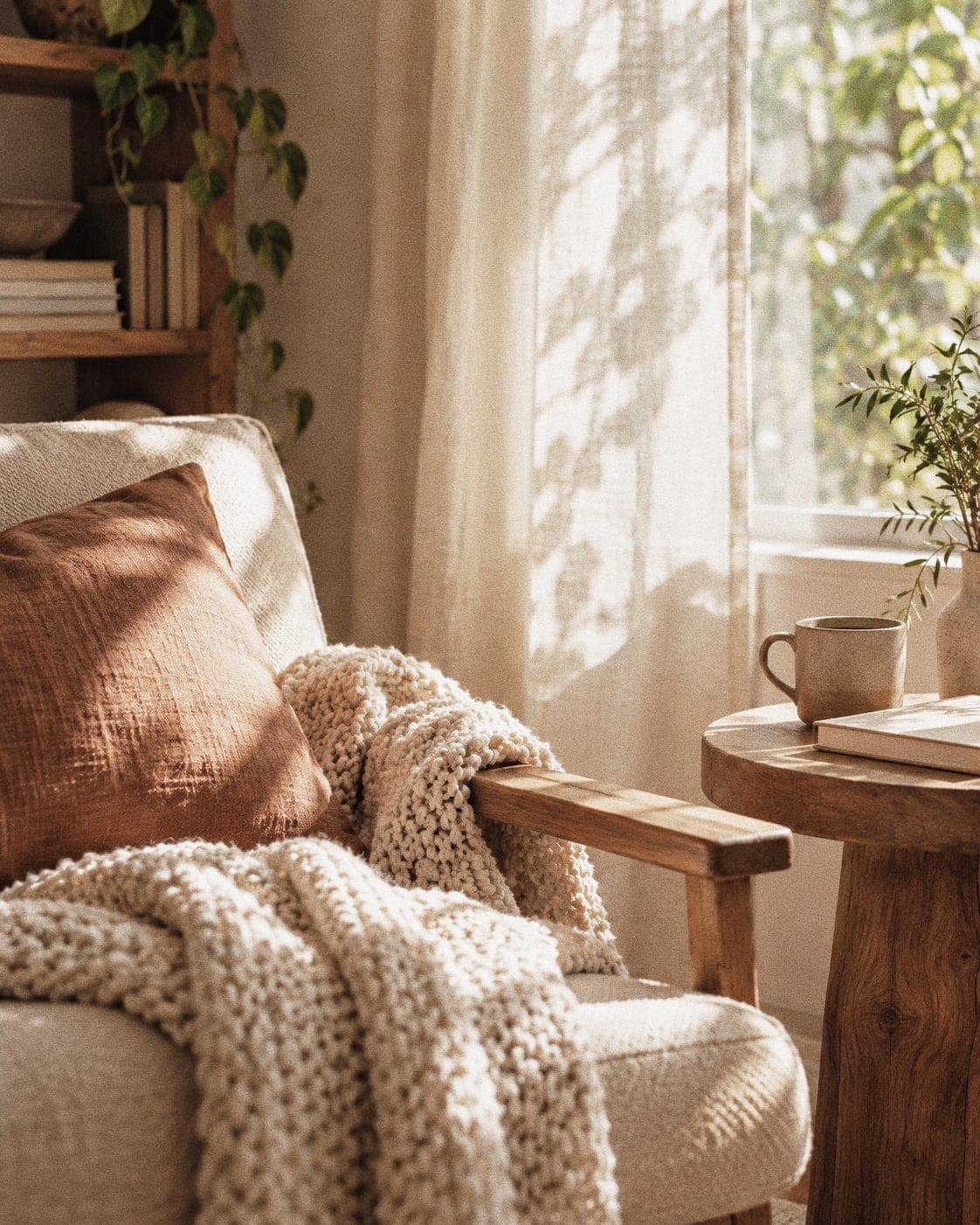 Een fauteuil met een gebreide plaid bij een raam met zacht licht