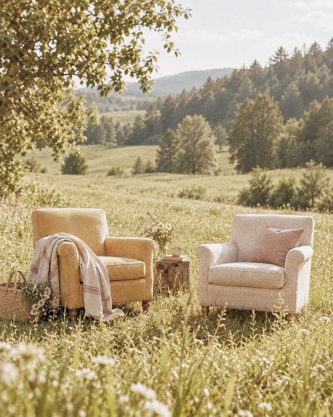 Twee fauteuils met plaids in een bloemenveld