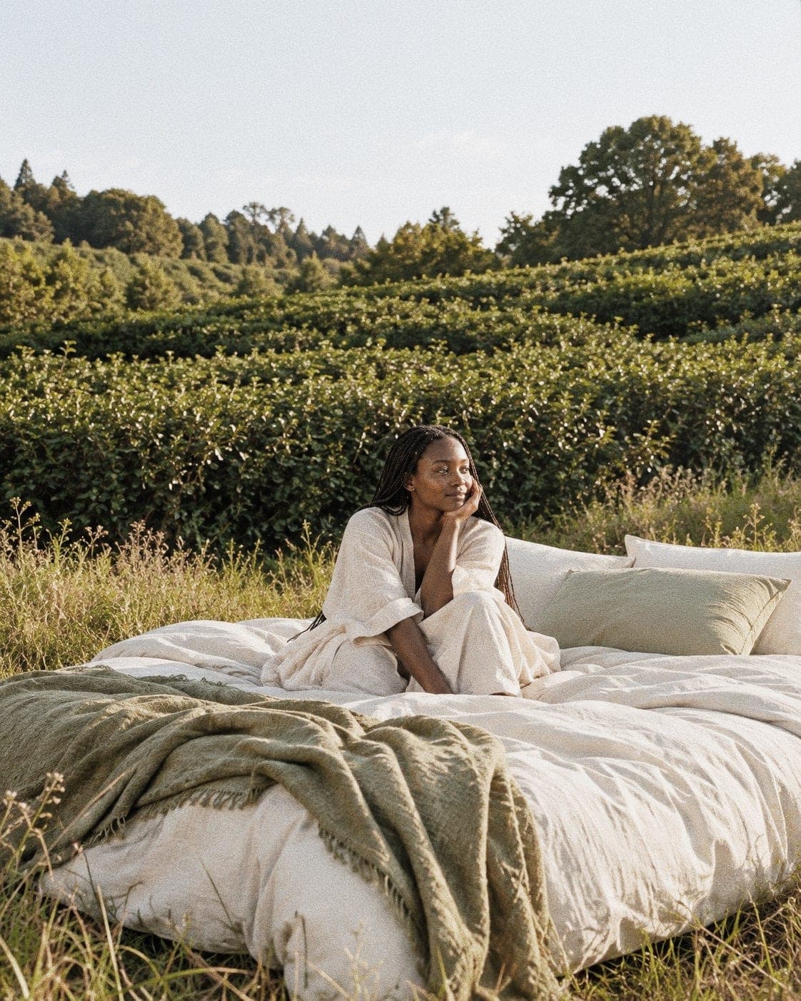 Een opgemaakt bed met linnen beddengoed midden in een veld