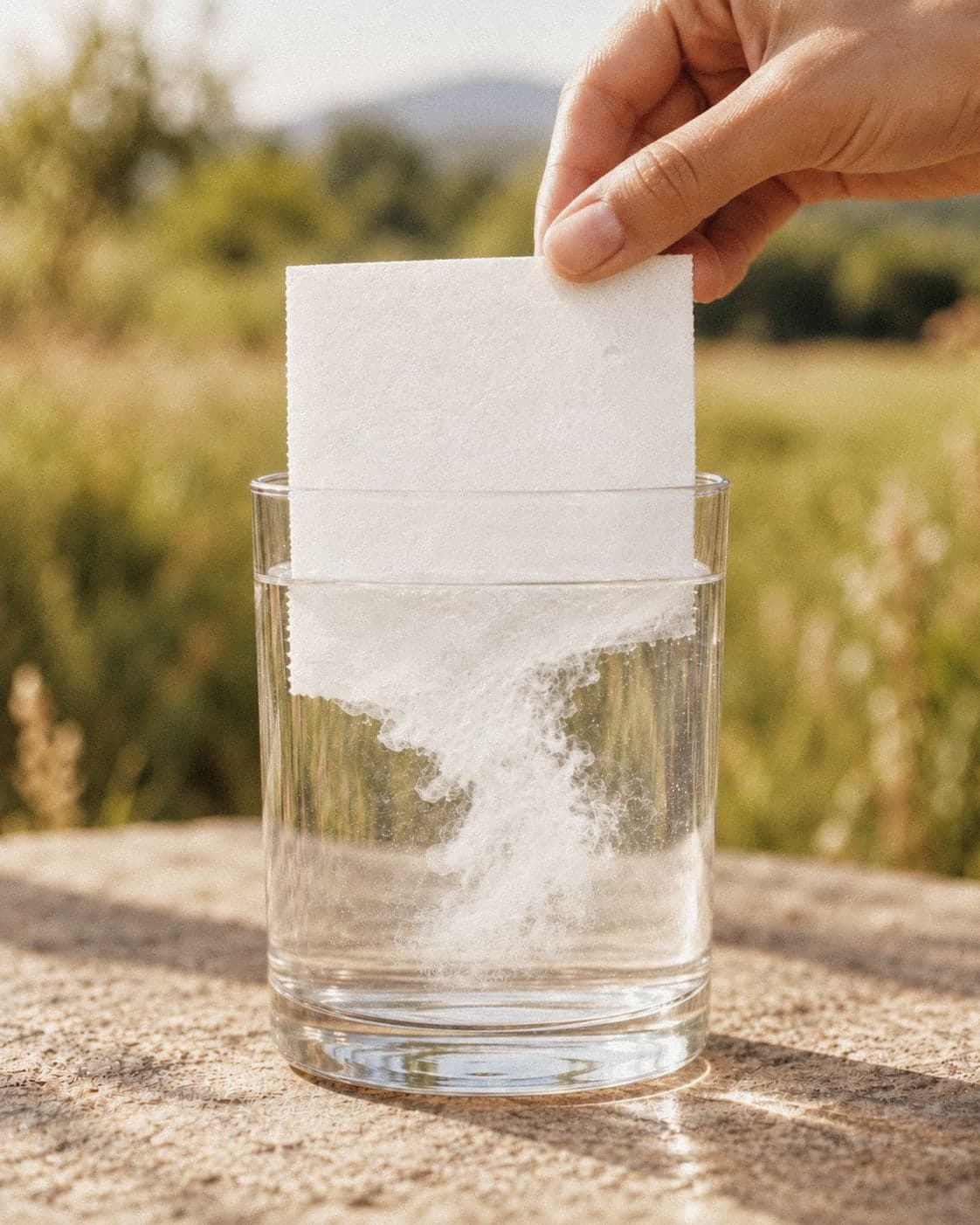 Een hand dompelt een bibi wasstrip in een glas water, waar hij in slierten uiteenvalt, met een veld in laag licht erachter