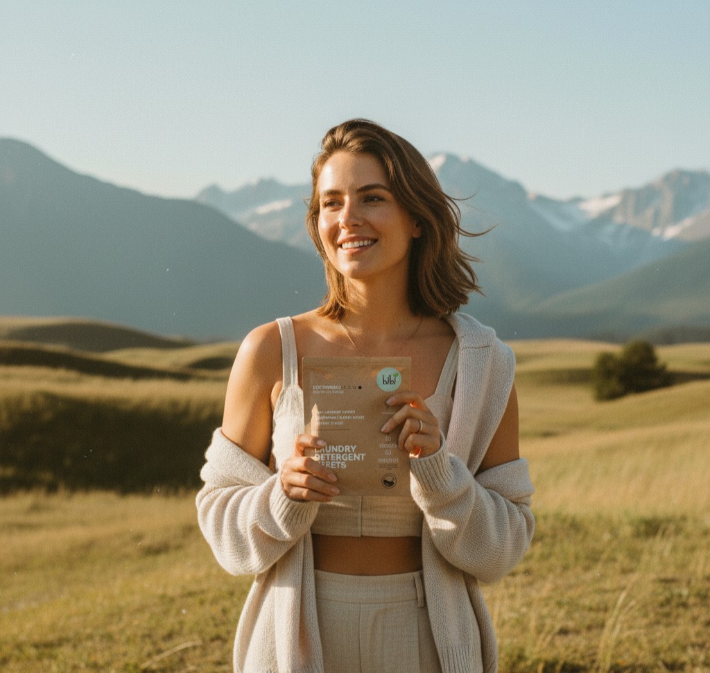 Vrouw in weids landschap met bibi laundry detergent sheets — rustige, schone was